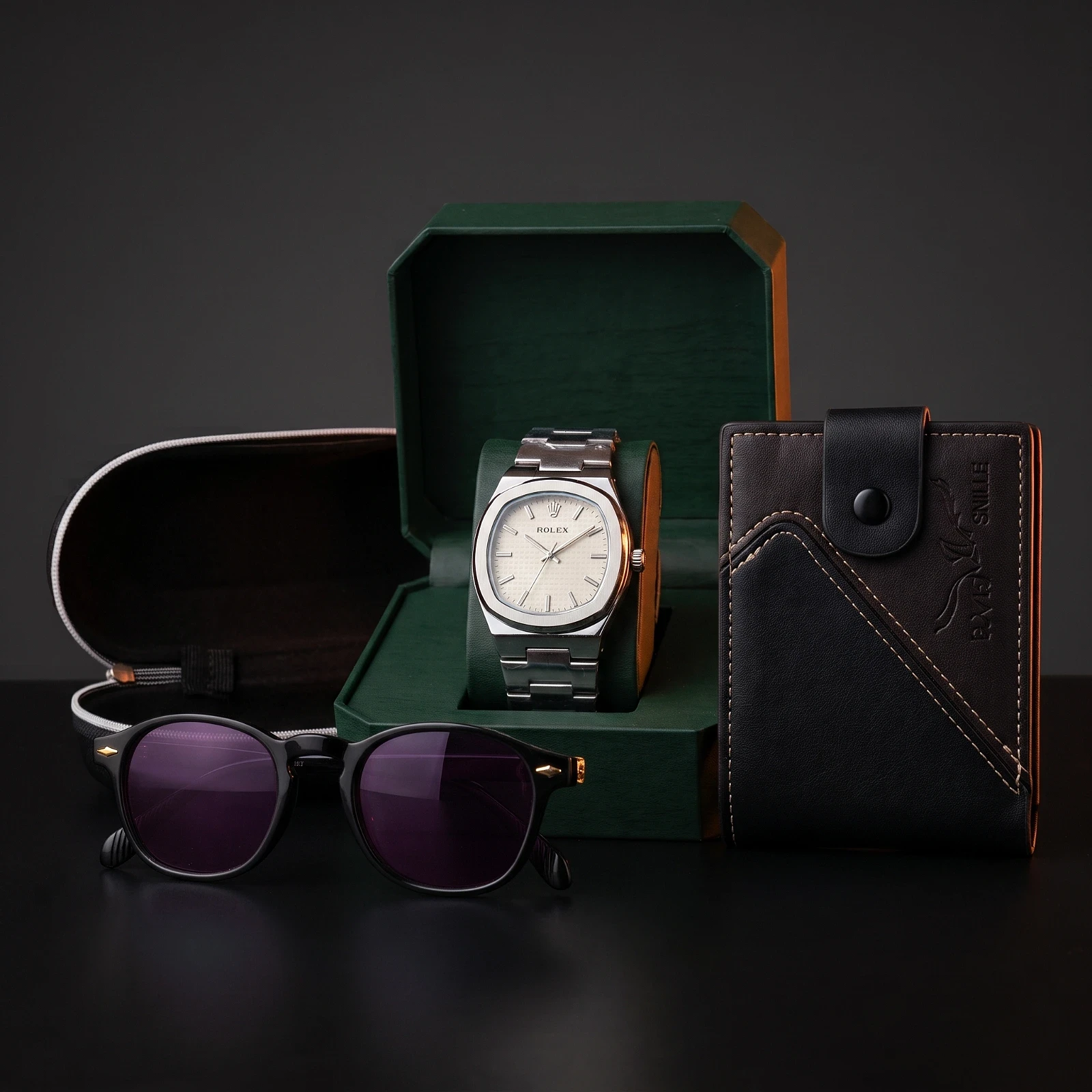 Pack Lunettes de Soleil Black Round + Portefeuille Homme Bicolore Noir & Marron + Montre Élégance Argentée