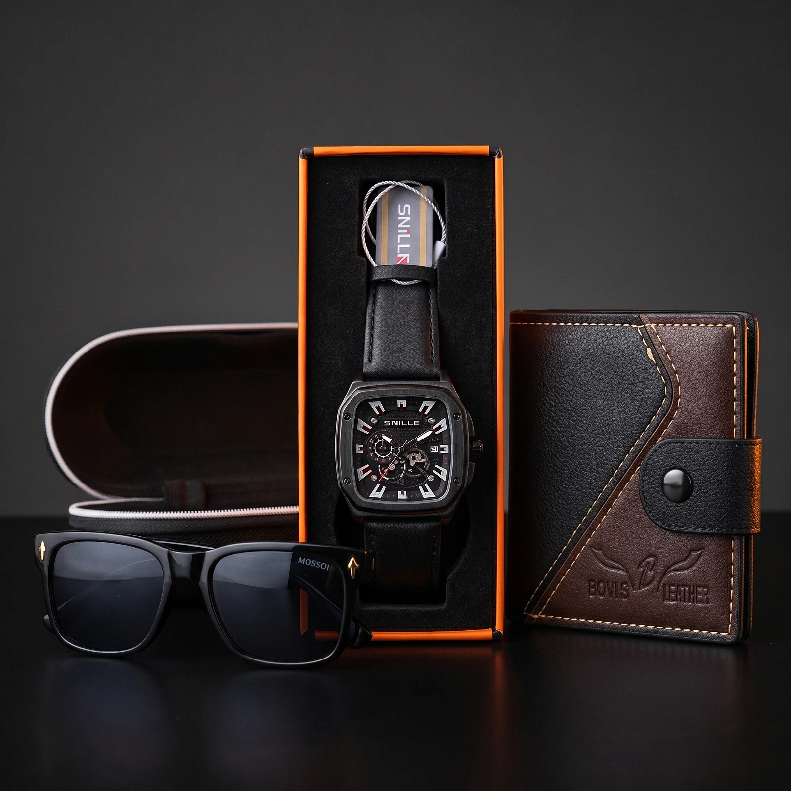 Pack Portefeuille Homme Bicolore Noir & Marron + Montre Snille Carrée + Lunettes de Soleil Black Urban