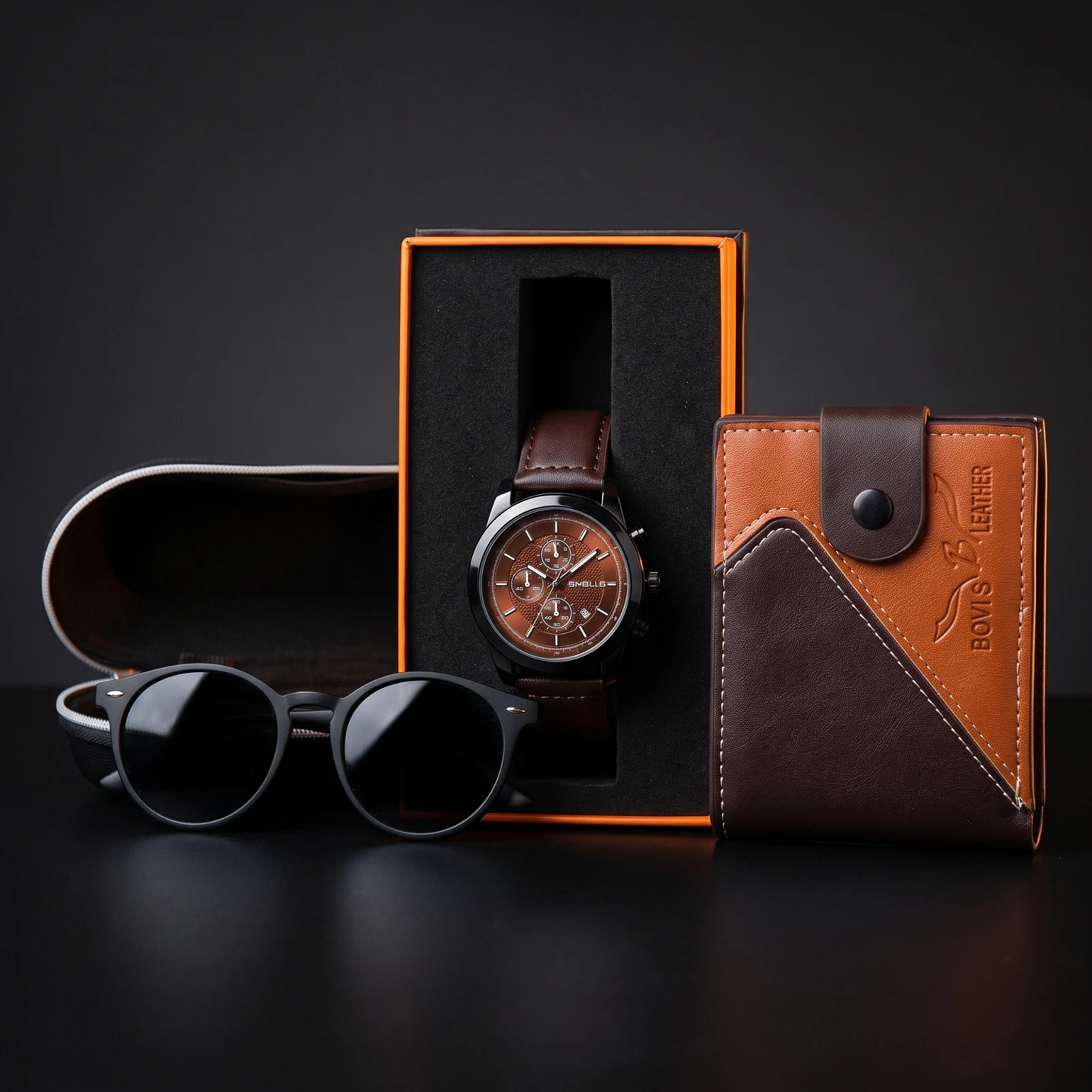 Pack Montre Homme SNILLE Chronographe Marron + Portefeuille Homme Vertical Noir & Marron + Lunettes de Soleil Black Round