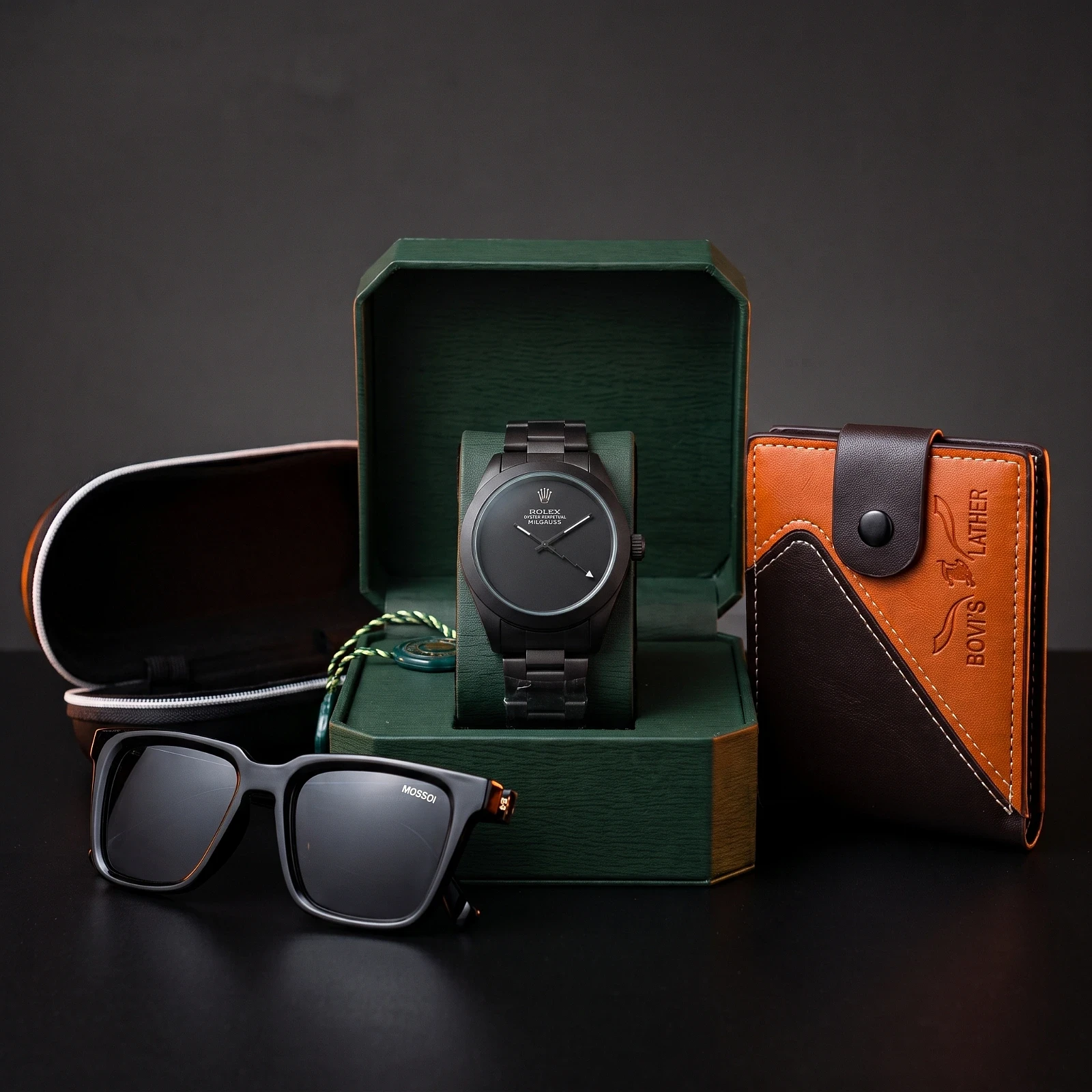 Pack Montre Homme Minimaliste + Portefeuille Homme Vertical Noir & Marron + Lunettes de Soleil Black Square