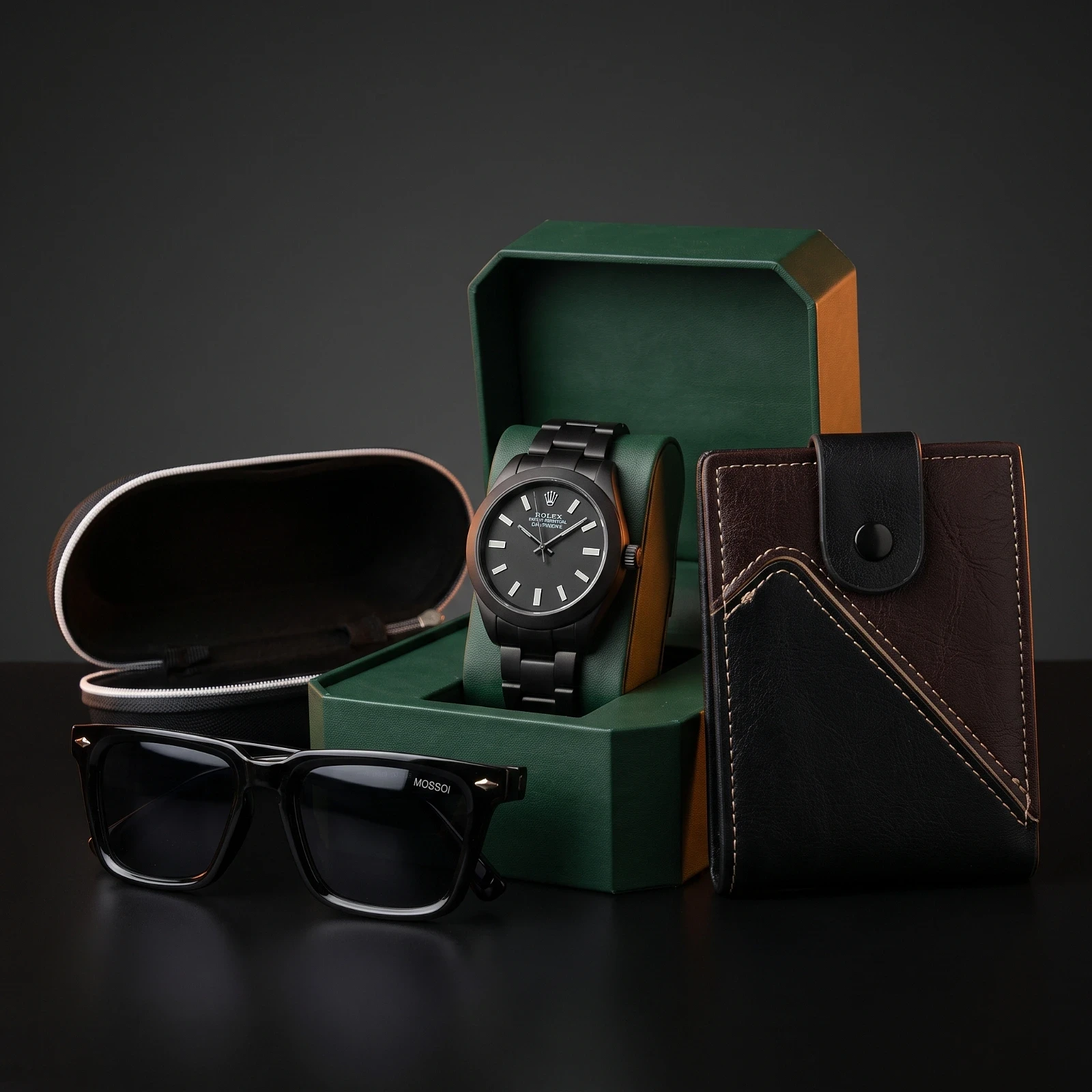 Pack Portefeuille Homme Bicolore Noir & Marron + Montre Homme Black Edition + Lunettes de Soleil Black Square